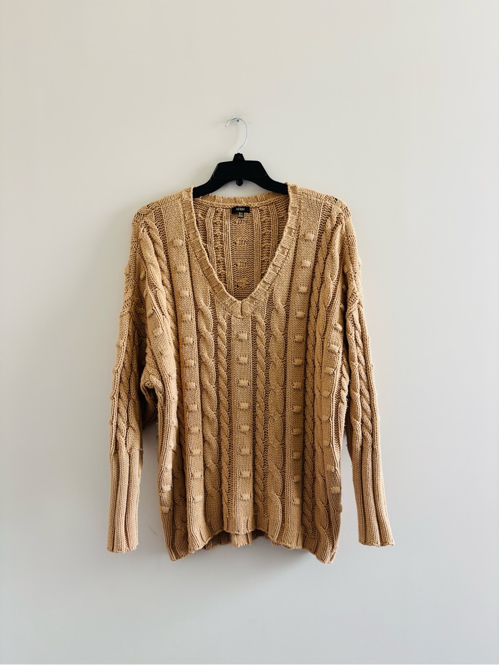 AFRM Revolve Sweater Cable Knit Oversized Tan Pullover V-Neck Womens S Preppy